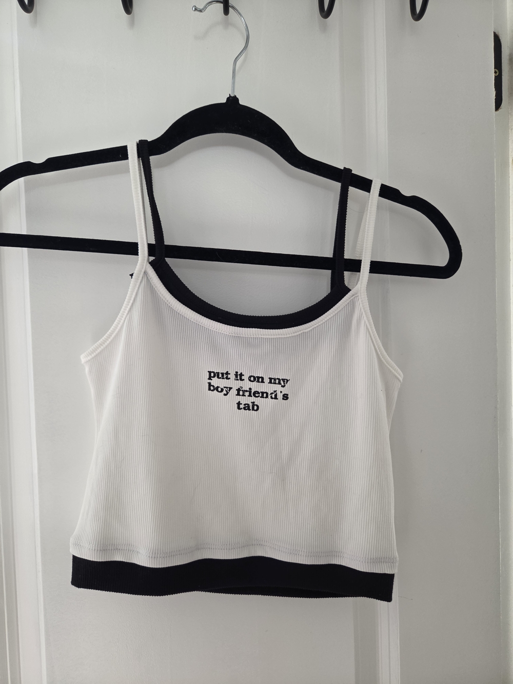 NWT White Ribbed Cami with Black Trim - 'put it on my boyfriend's tab' Size M